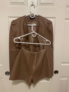 The SANG Tan Faux Leather Blazer with Matching High-Waist Shorts